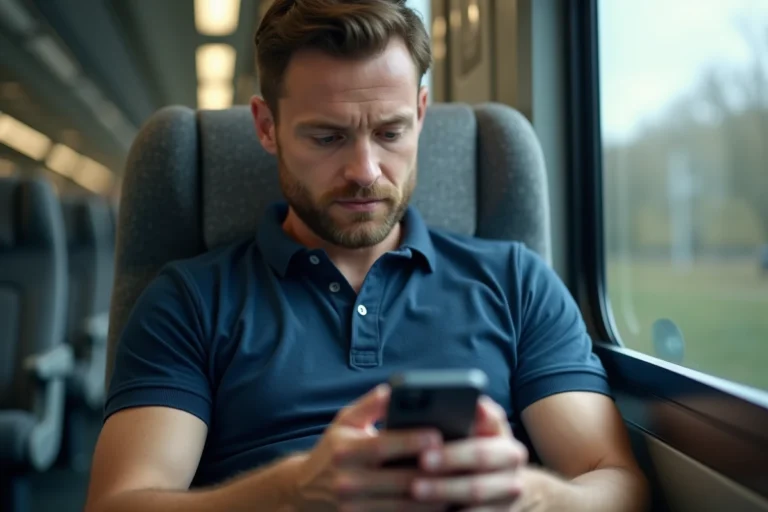 Homme consultant l'interface de connexion Footclub FFF sur son smartphone dans un train en déplacement