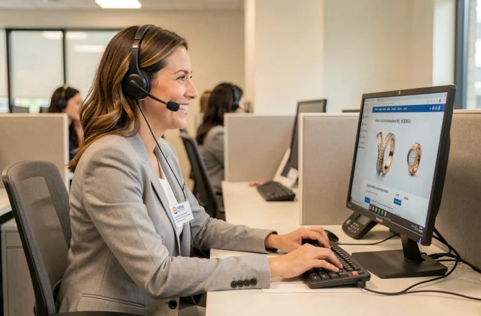 Conseillère du service client d'une bijouterie en ligne répondant aux questions des clients avec un casque téléphonique