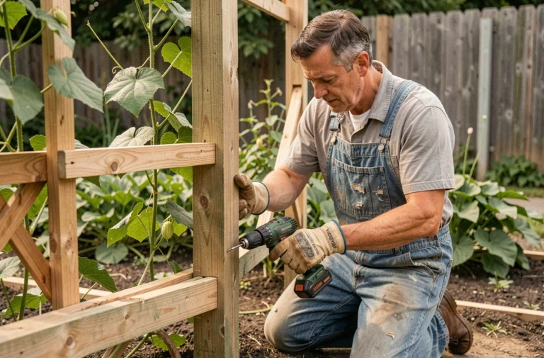 Homme assemblant une structure en bois pour plants de kiwi dans un jardin potager
