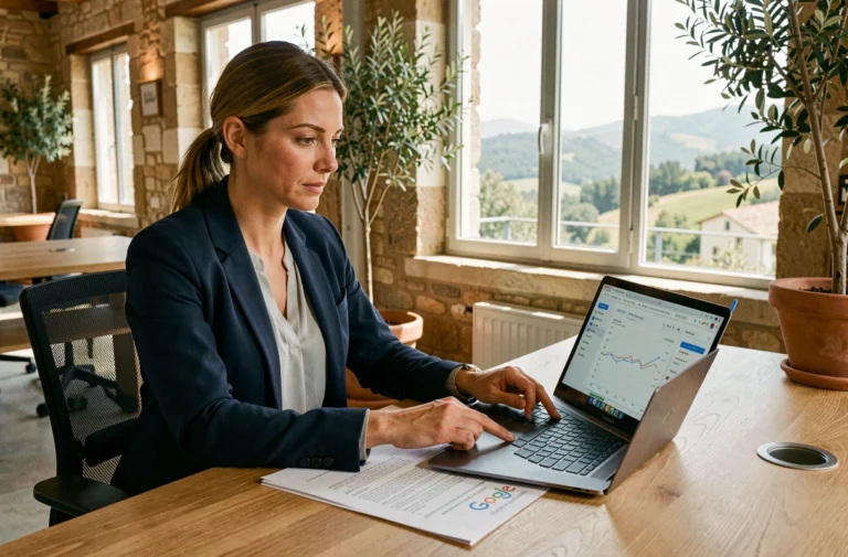 Consultante en référencement naturel analysant des rapports SEO dans une agence digitale de la Drôme
