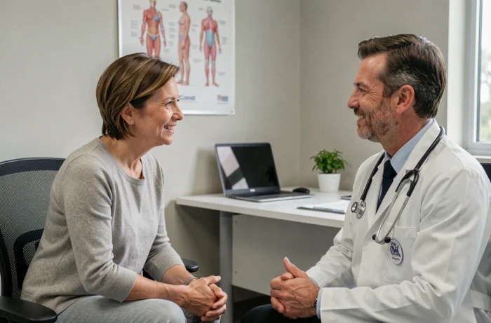 Patiente en consultation médicale avec son médecin, symbolisant l'importance du dialogue patient-soignant pour améliorer la santé au quotidien