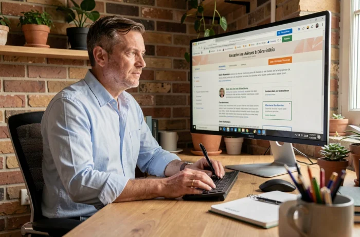 Homme consultant les mentions légales obligatoires d'un site web sur son ordinateur dans un bureau à domicile