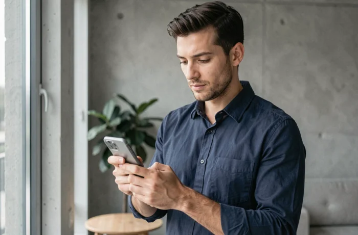 Homme utilisant son smartphone pour contacter le service client d'une bijouterie en ligne par messagerie