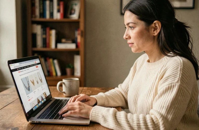 Femme contactant une boutique de bijoux en ligne depuis son bureau à domicile via un ordinateur portable