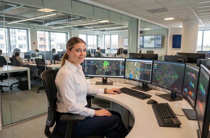 Coordinatrice de flotte de transport française travaillant sur des outils numériques de gestion innovante en temps réel