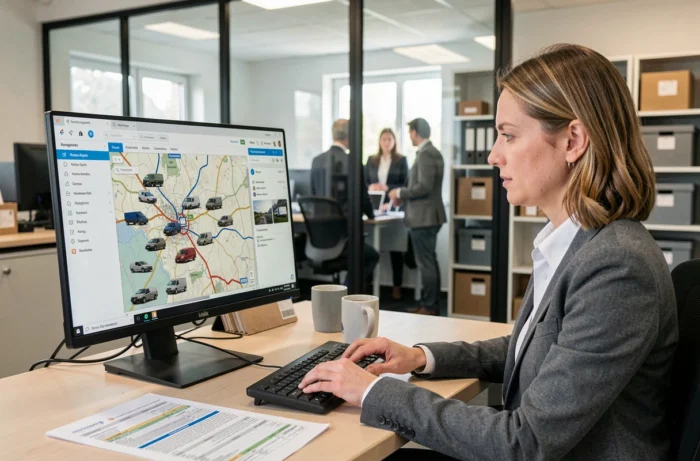 Coordinatrice logistique gérant le suivi de flotte de véhicules depuis son bureau avec un logiciel de gestion GPS