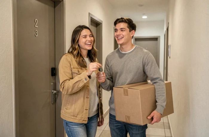 Jeune couple tenant les clés de leur nouvel appartement après avoir bénéficié d'une prime d'installation