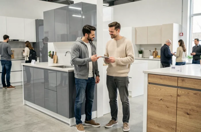 Couple comparant deux modèles de cuisine en showroom pour un aménagement cosy et économique
