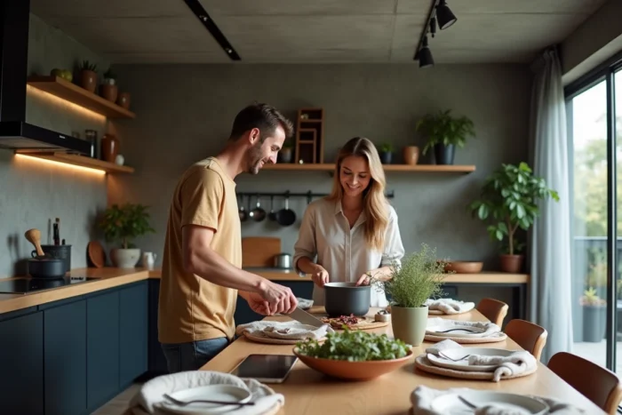 Couple cuisinant ensemble dans une cuisine ouverte industrielle avec mur en béton et espace salle à manger visible