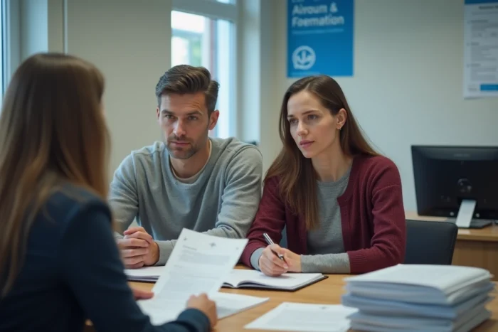 Couple en entretien avec un conseiller dans un bureau de demande de logement social