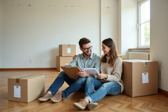 Couple assis par terre dans un appartement vide entouré de cartons étiquetés consultant une liste de déménagement