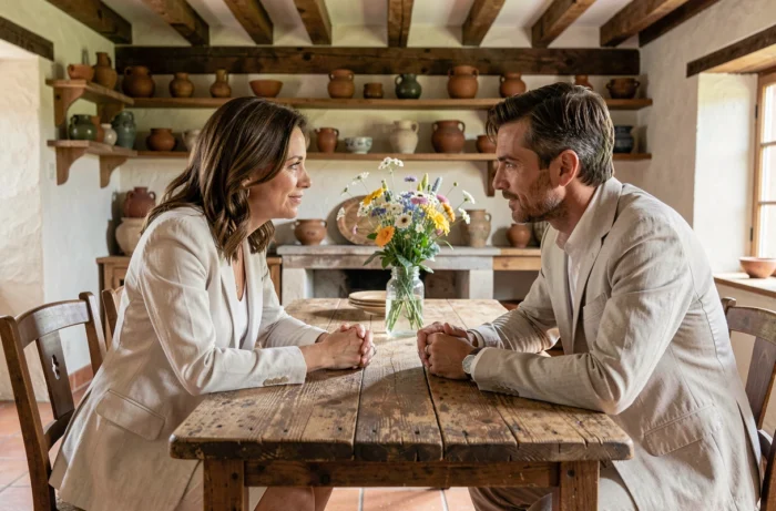 Couple marié en conversation intime dans une ferme de campagne française, ambiance authentique et chaleureuse