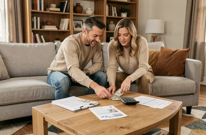Couple planifiant leur budget familial ensemble autour d'une table basse avec des factures et une calculatrice