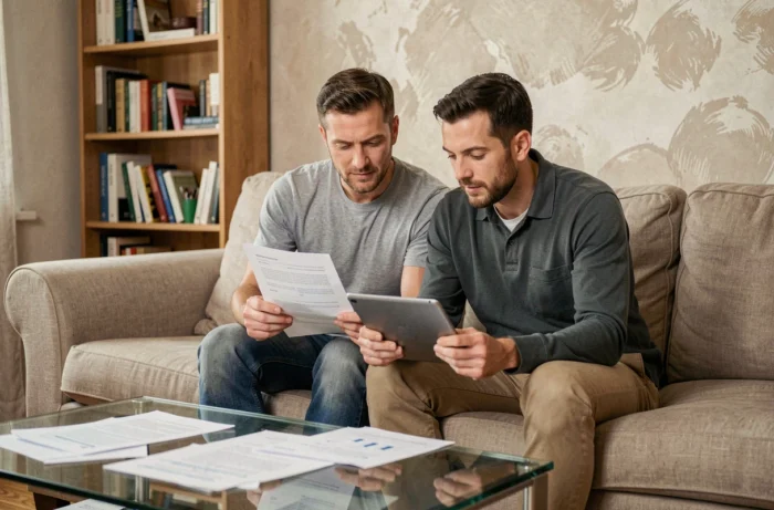 Couple planifiant ensemble leur budget familial avec des documents financiers et une tablette dans un salon