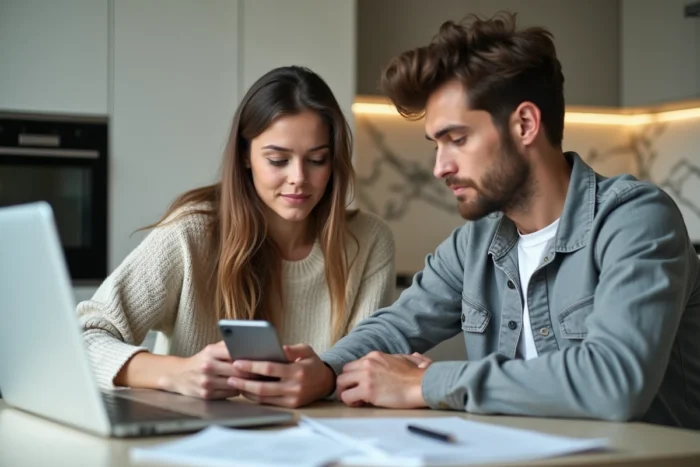Couple planifiant leur budget mensuel ensemble sur ordinateur portable dans une cuisine moderne
