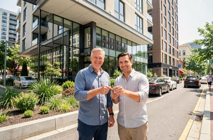 Couple de propriétaires devant un immeuble résidentiel neuf en milieu urbain tenant les clés de leur appartement