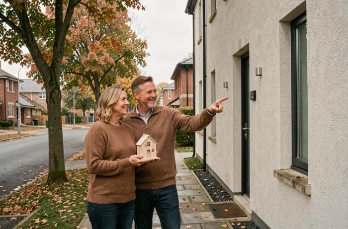 Couple devant une propriété résidentielle neuve en automne, tenant une maquette de maison symbolisant un investissement immobilier réussi