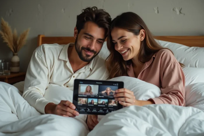 Couple regardant un contenu en streaming sur une tablette dans leur chambre