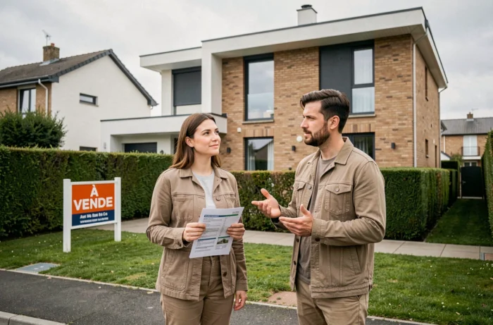 Couple visitant un bien immobilier à vendre devant une maison moderne avec panneau À Vendre