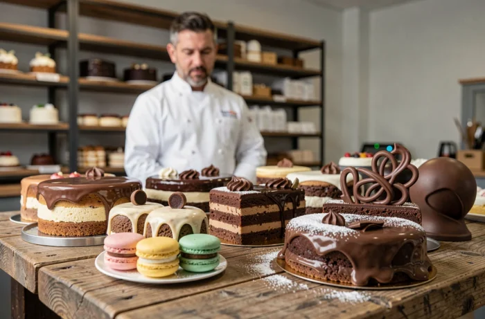 Présentation des créations pâtissières du gagnant du meilleur pâtissier saison 13 avec entremets, macarons et pièces en chocolat sur une table en bois