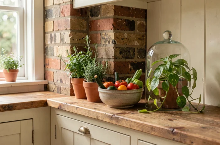 Rebord de fenêtre et étagère en bois dans une cuisine rustique avec herbes aromatiques en pot, légumes de saison et plante verte sous cloche en verre