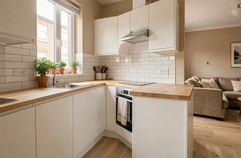 Cuisine moderne blanche avec comptoir en bois clair dans un appartement cosy au style scandinave abordable