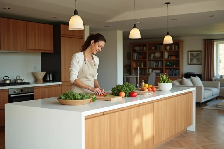 Cuisine ouverte moderne intégrée au salon avec îlot central en quartz blanc et femme préparant des légumes