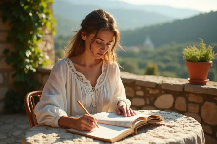 Femme écrivant un poème libre sur une terrasse en pierre méditerranéenne entourée d'herbes et d'un carnet de poésie
