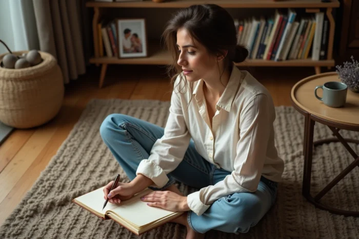 Femme écrivant une lettre mettant en valeur un trait de caractère de son partenaire, assise sur un parquet en bois