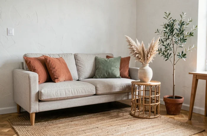Coin salon décoré avec des coussins en lin terracotta, une table en rotin et un olivier en pot pour une ambiance tendance saison