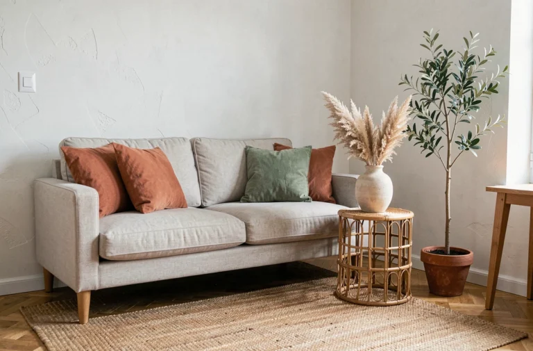 Coin salon décoré avec des coussins en lin terracotta, une table en rotin et un olivier en pot pour une ambiance tendance saison
