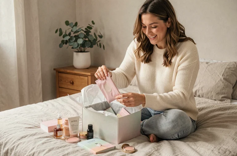 Femme découvrant les produits de sa box beauté mensuelle sur son lit, ambiance cosy et naturelle