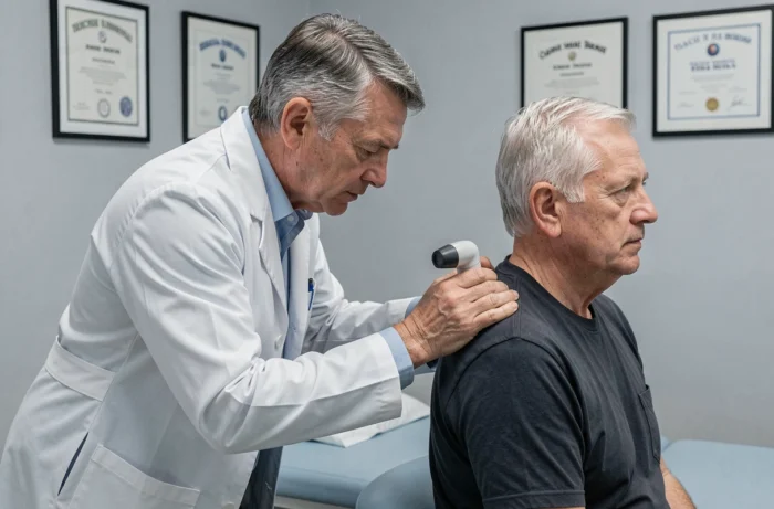 Dermatologue inspectant un grain de beauté sur l'épaule d'un patient avec un dermatoscope en cabinet médical