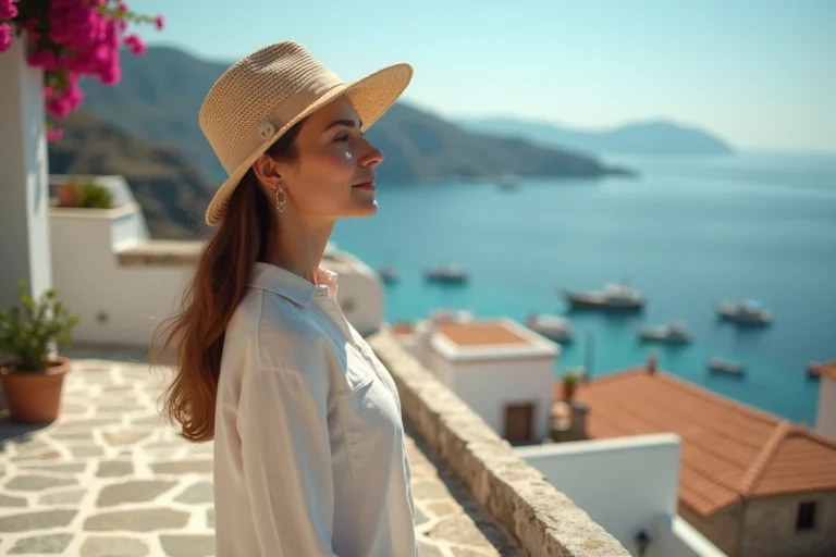 Femme voyageuse sur une terrasse méditerranéenne avec vue sur un village côtier aux toits en tuiles rouges et mer turquoise