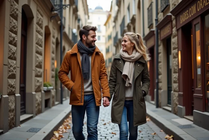 Couple de voyageurs marchant main dans la main dans une ruelle pavée d'une ville historique européenne en automne