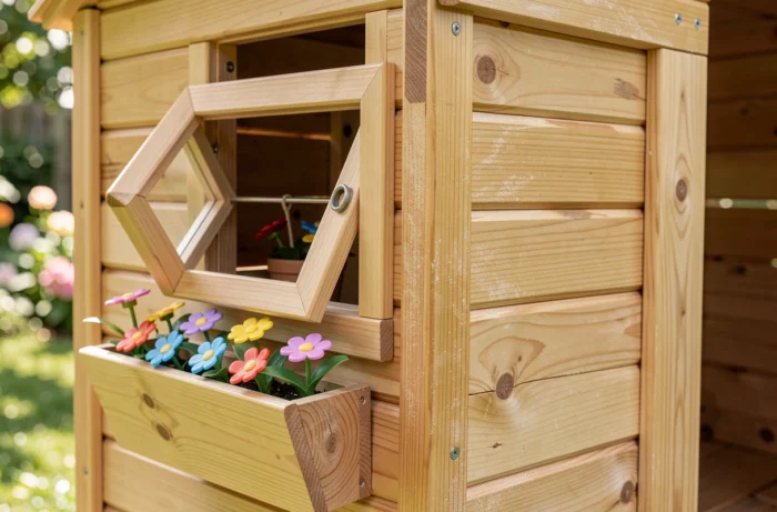 Détail de la menuiserie et de la fenêtre d'une maisonnette en bois pour enfants avec jardinière décorative