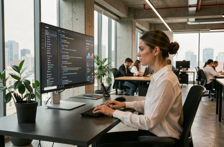 Développeuse web analysant des interfaces d'intelligence artificielle et visualisations de données sur un écran ultra-large dans un bureau tech moderne en 2024