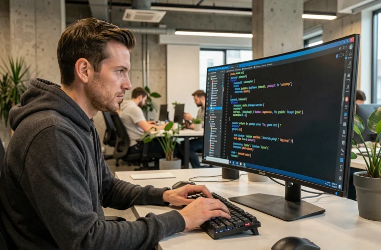 Développeur web concentré sur un écran affichant du code X-Script dans un bureau tech moderne