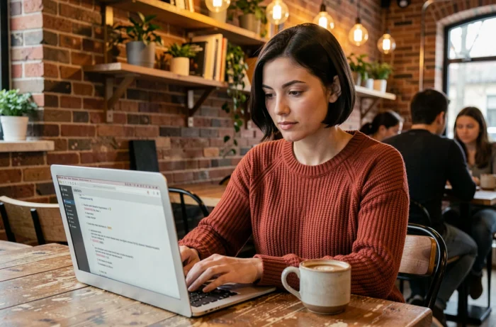 Développeuse consultant les mises à jour de X-Script dans un café urbain avec ordinateur portable
