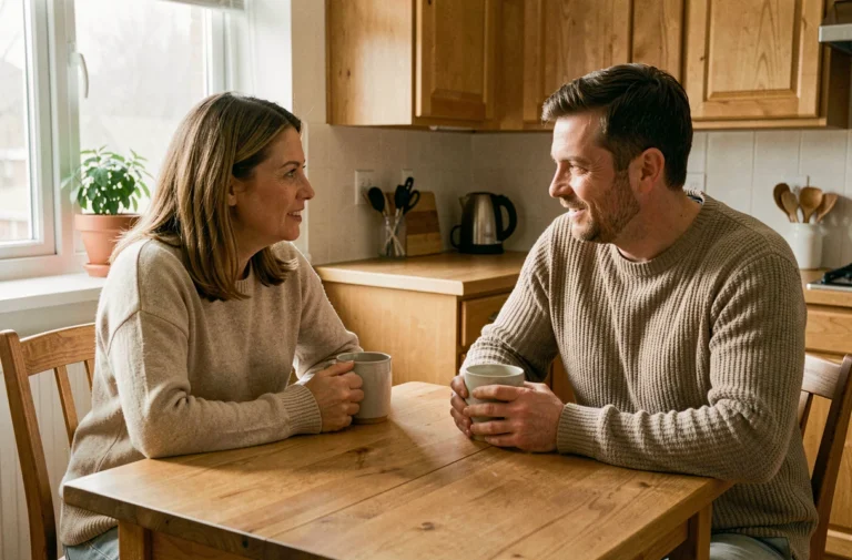 Couple engagé dans un dialogue ouvert et bienveillant autour d'une table de cuisine, illustrant l'importance de la communication pour la santé au quotidien