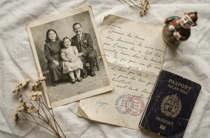 Détail de documents familiaux anciens, photographies en noir et blanc et objets culturels représentant les origines et l'héritage familial d'une personnalité publique