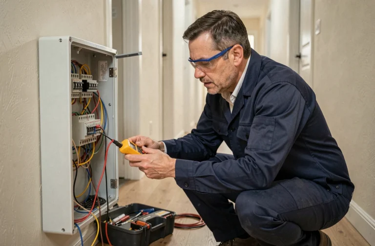 Électricien professionnel inspectant un tableau électrique dans un couloir résidentiel lors d'une intervention d'urgence à domicile