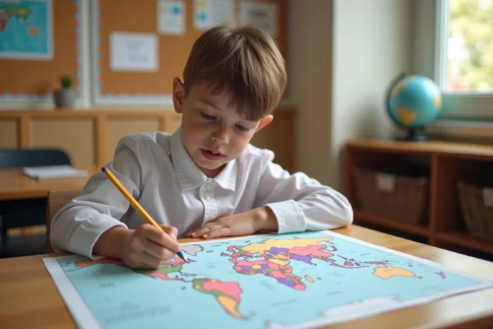 Élève complétant un planisphère imprimé à son bureau en classe
