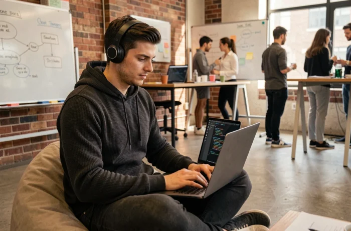 Jeune développeur en intelligence artificielle codant dans un espace de coworking moderne, métier d'avenir parmi les plus recherchés en 2028