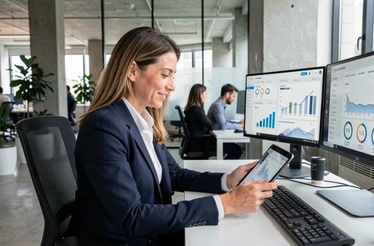 Professionnelle en technologie analysant des données sur tablette dans un bureau moderne, représentant les emplois bien payés de demain