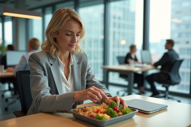 Employée de bureau déballant son panier repas lors de la pause déjeuner dans un open space professionnel