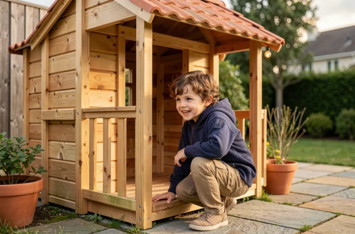 Enfant explorant l'entrée d'une maisonnette en bois dans un jardin résidentiel