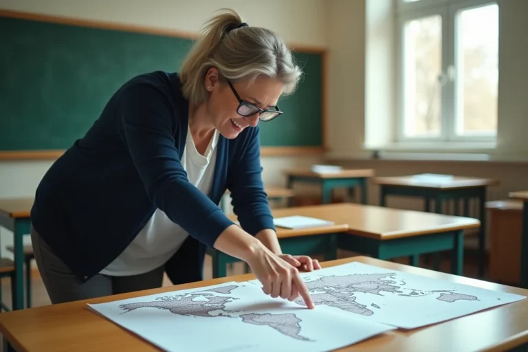 Enseignante pointant un planisphère vierge imprimé sur une table de classe