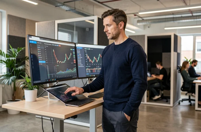 Entrepreneur masculin debout à son bureau réglable dans un espace de coworking moderne consultant des graphiques de tendances IA et de marché