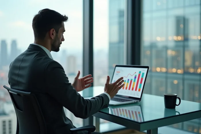 Entrepreneur masculin présentant des graphiques de croissance business dans un bureau urbain avec vue sur la ville